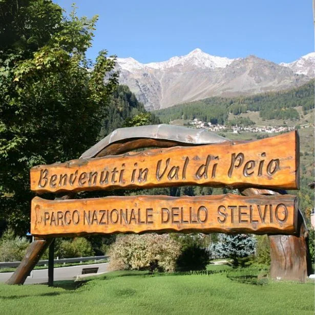 A wooden welcome sign stands in a landscaped foreground with a mountain valley and snow-dusted peaks behind it.