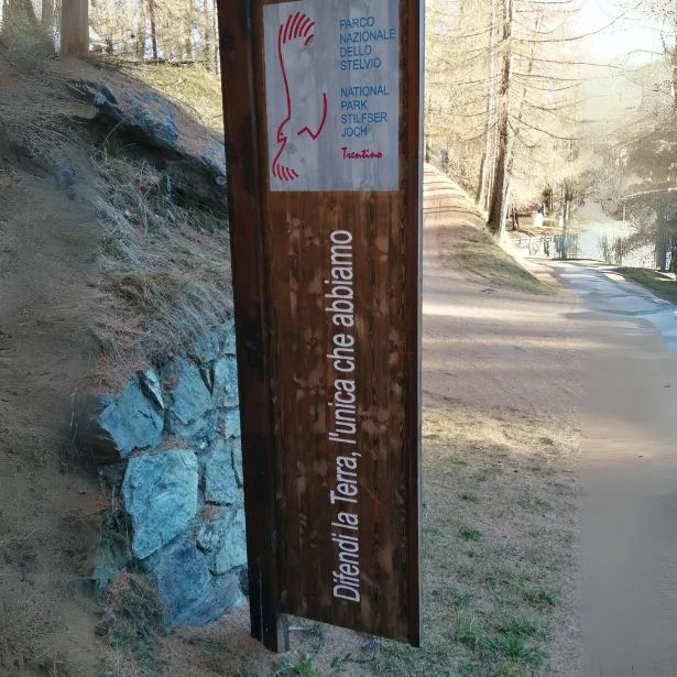 A wooden park sign stands beside a paved woodland path and rocky embankment in daylight.